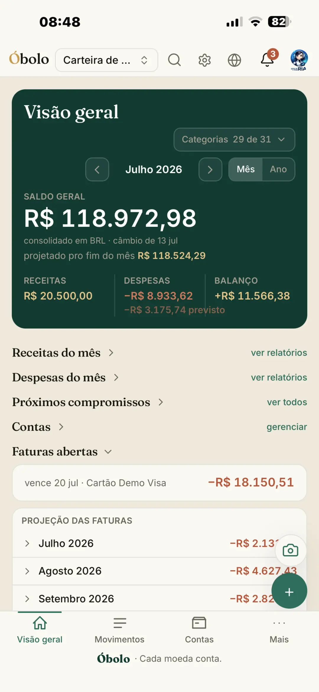 Visão geral do Óbolo: saldo consolidado, receitas, despesas e projeção do mês
