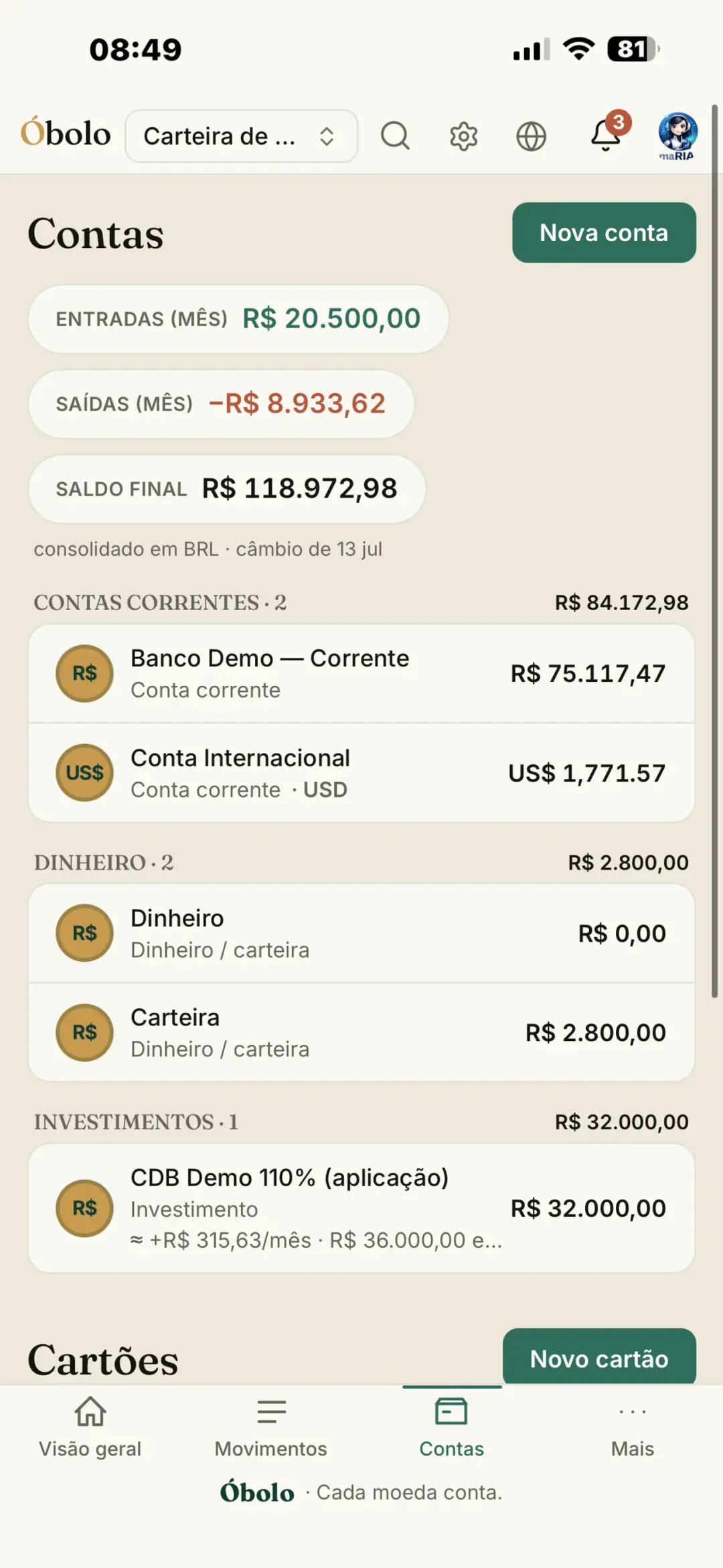Tela de cartões com fatura atual, vencimento e barra de limite usado