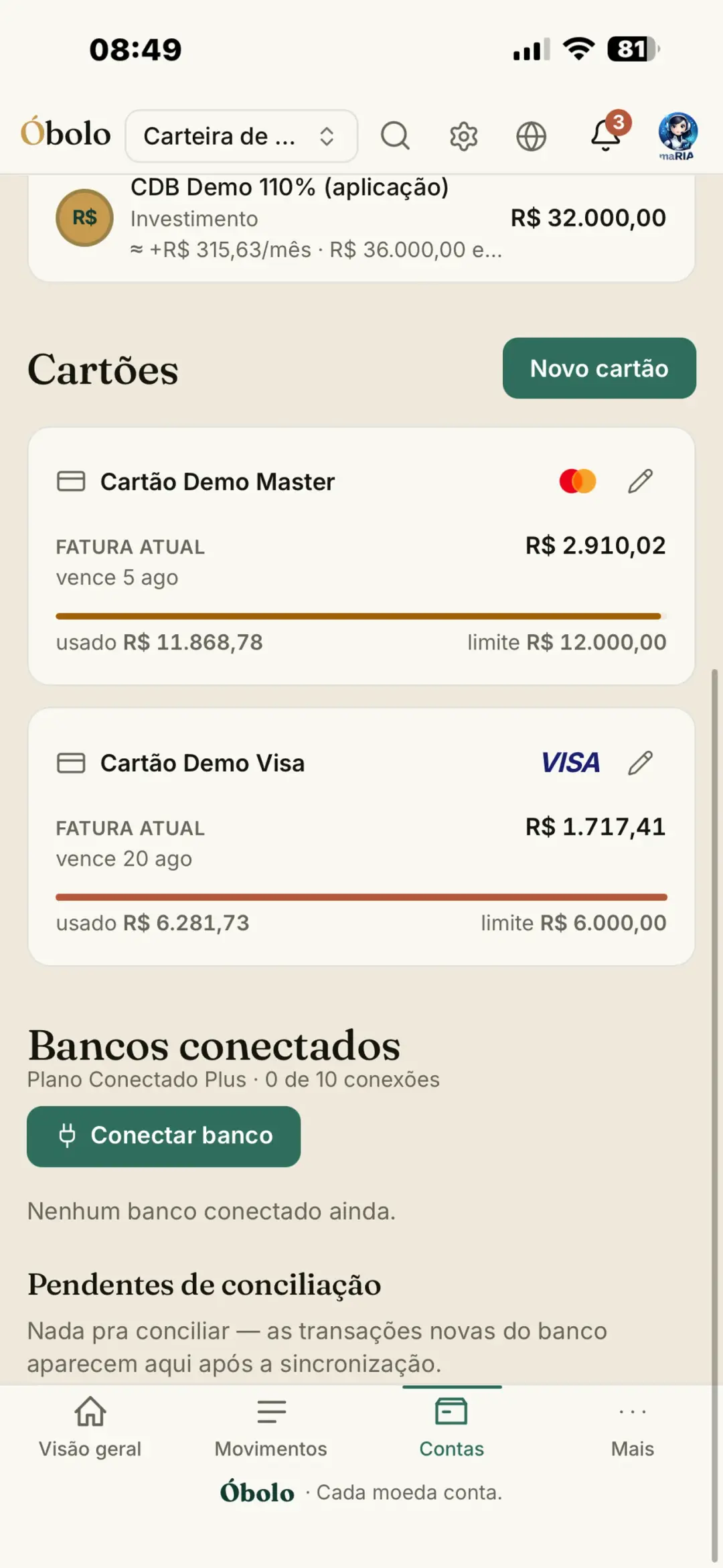 Tela de gráficos com fluxo do mês e receitas por categoria