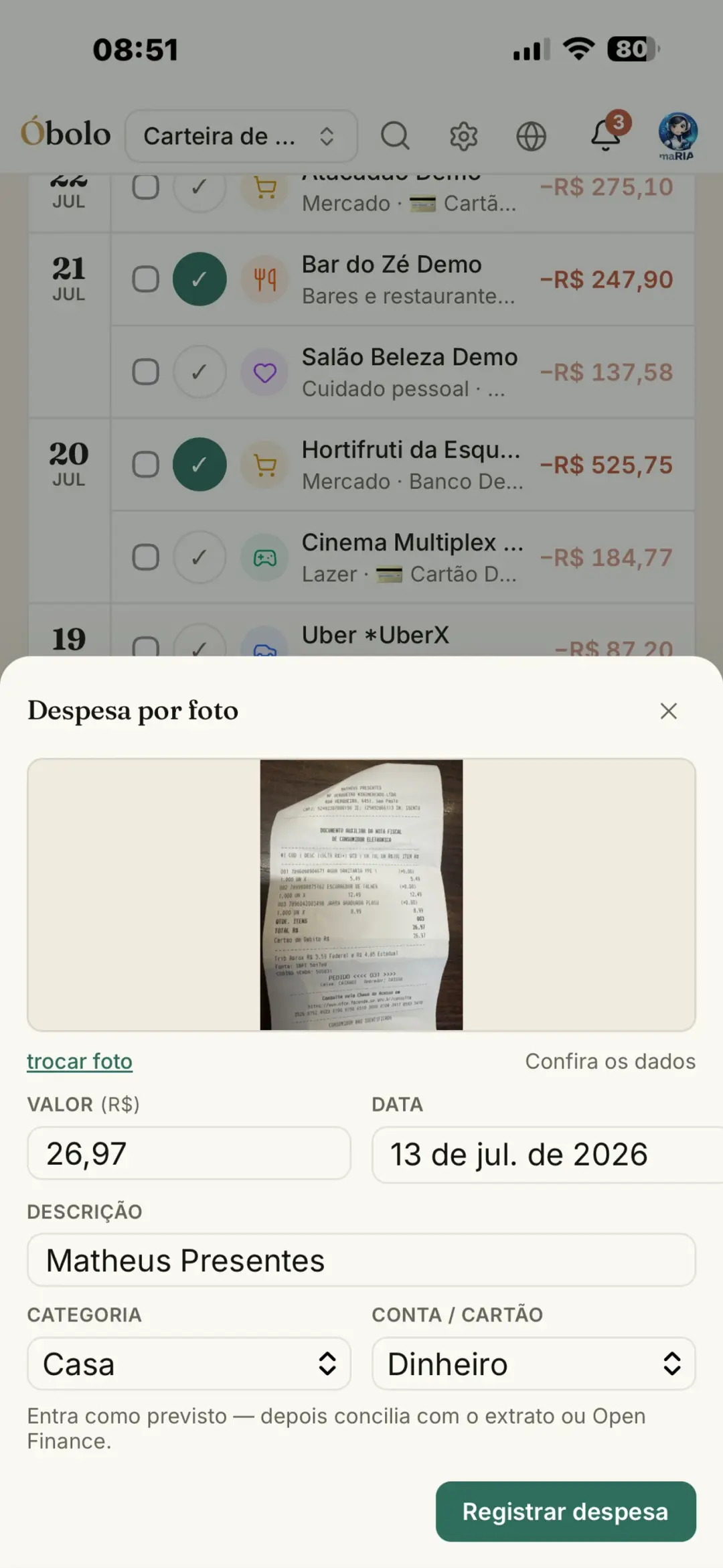 Tela de bancos conectados via Open Finance